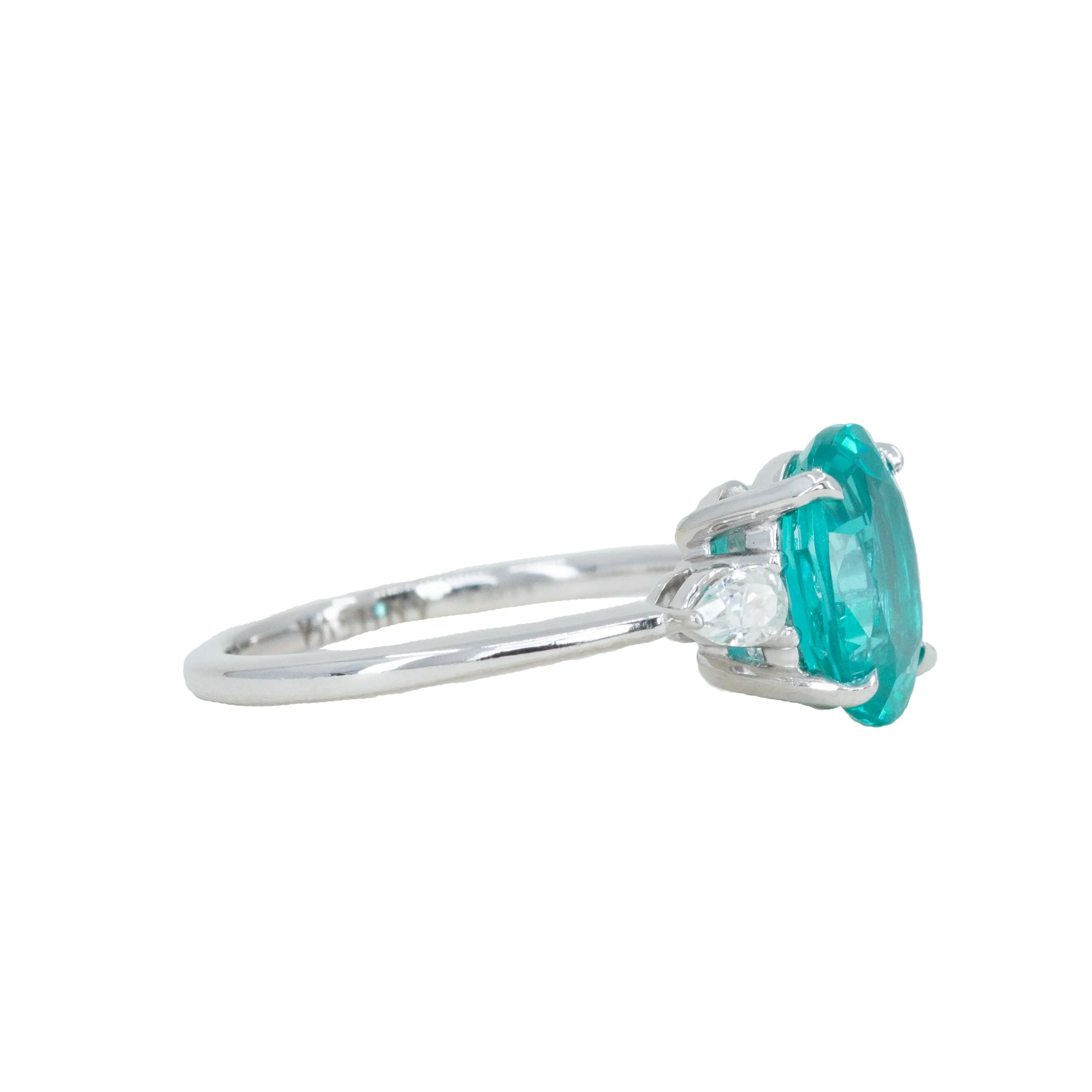 10x8mm Paraiba Teal Oval Garnet and Moissanite Three stone ring in 14k White gold