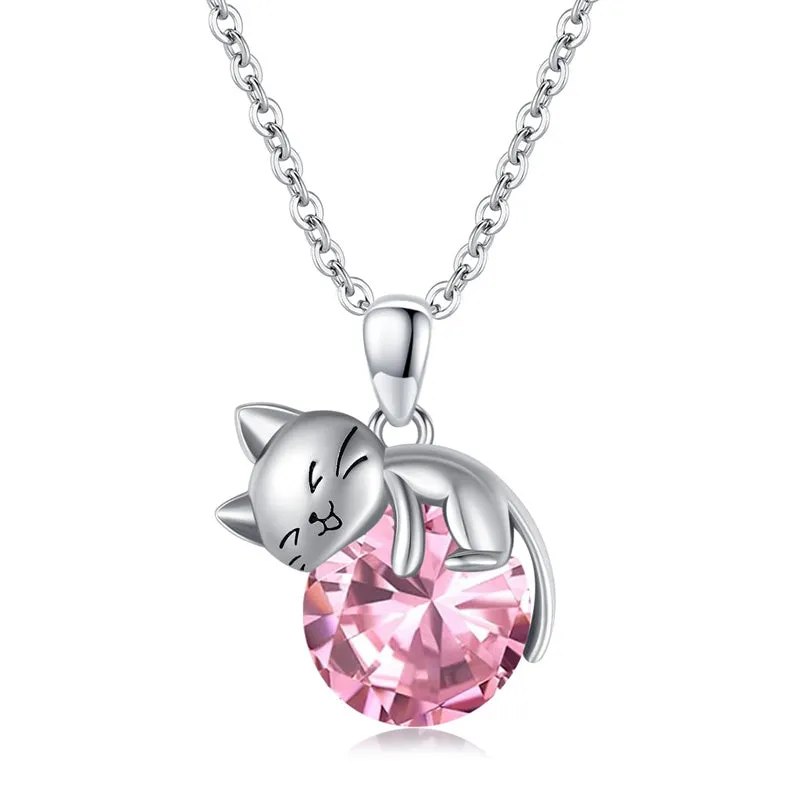 14K Gold Cat Necklace with Birthstone Cat Pendant Necklace Gift for Women