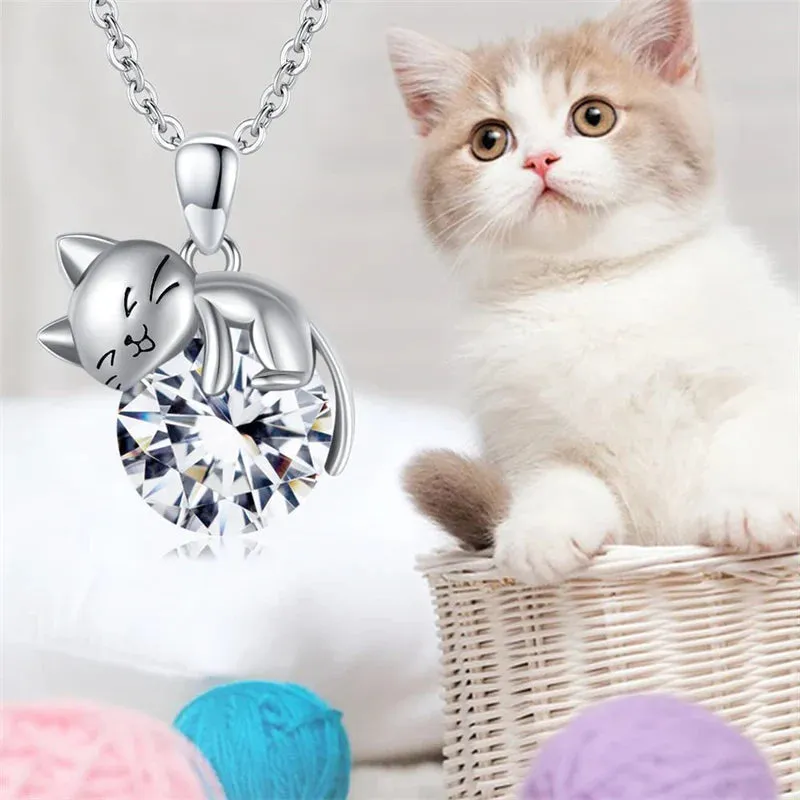 14K Gold Cat Necklace with Birthstone Cat Pendant Necklace Gift for Women