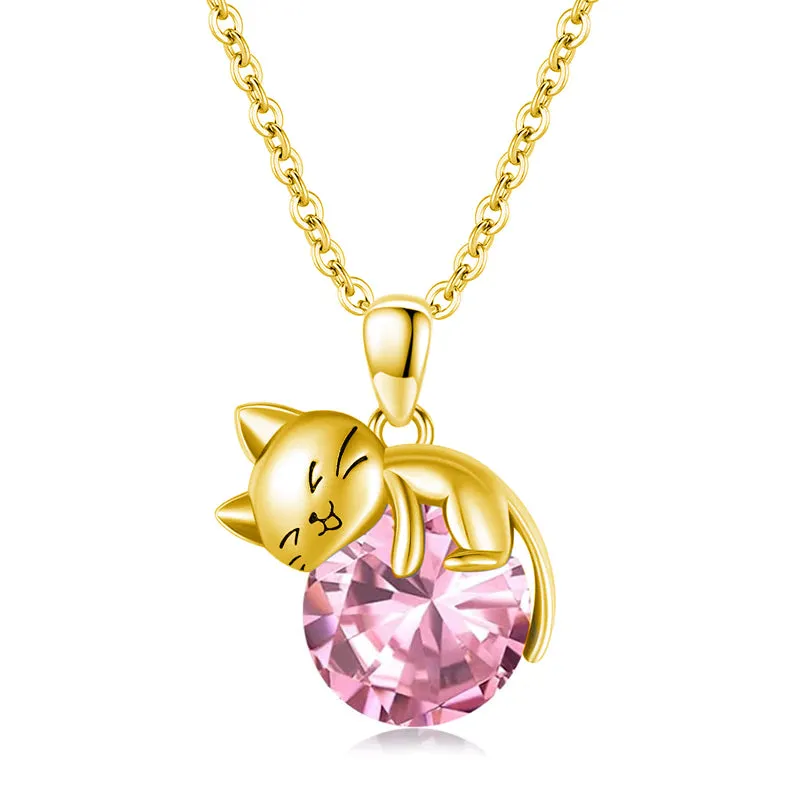 14K Gold Cat Necklace with Birthstone Cat Pendant Necklace Gift for Women