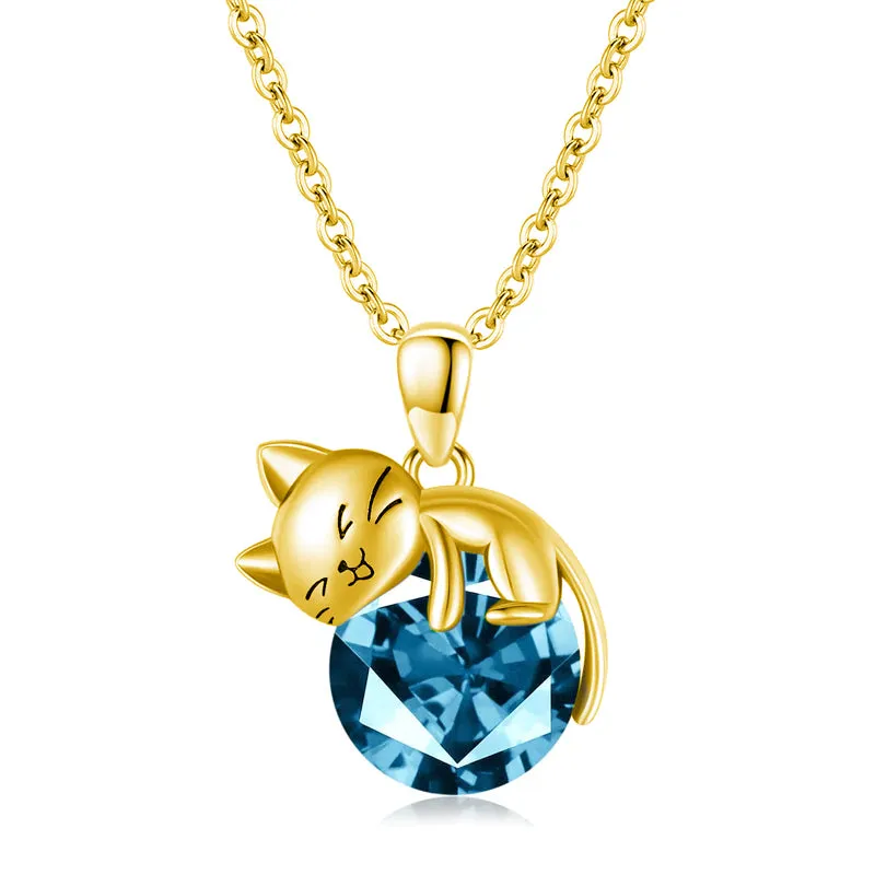 14K Gold Cat Necklace with Birthstone Cat Pendant Necklace Gift for Women