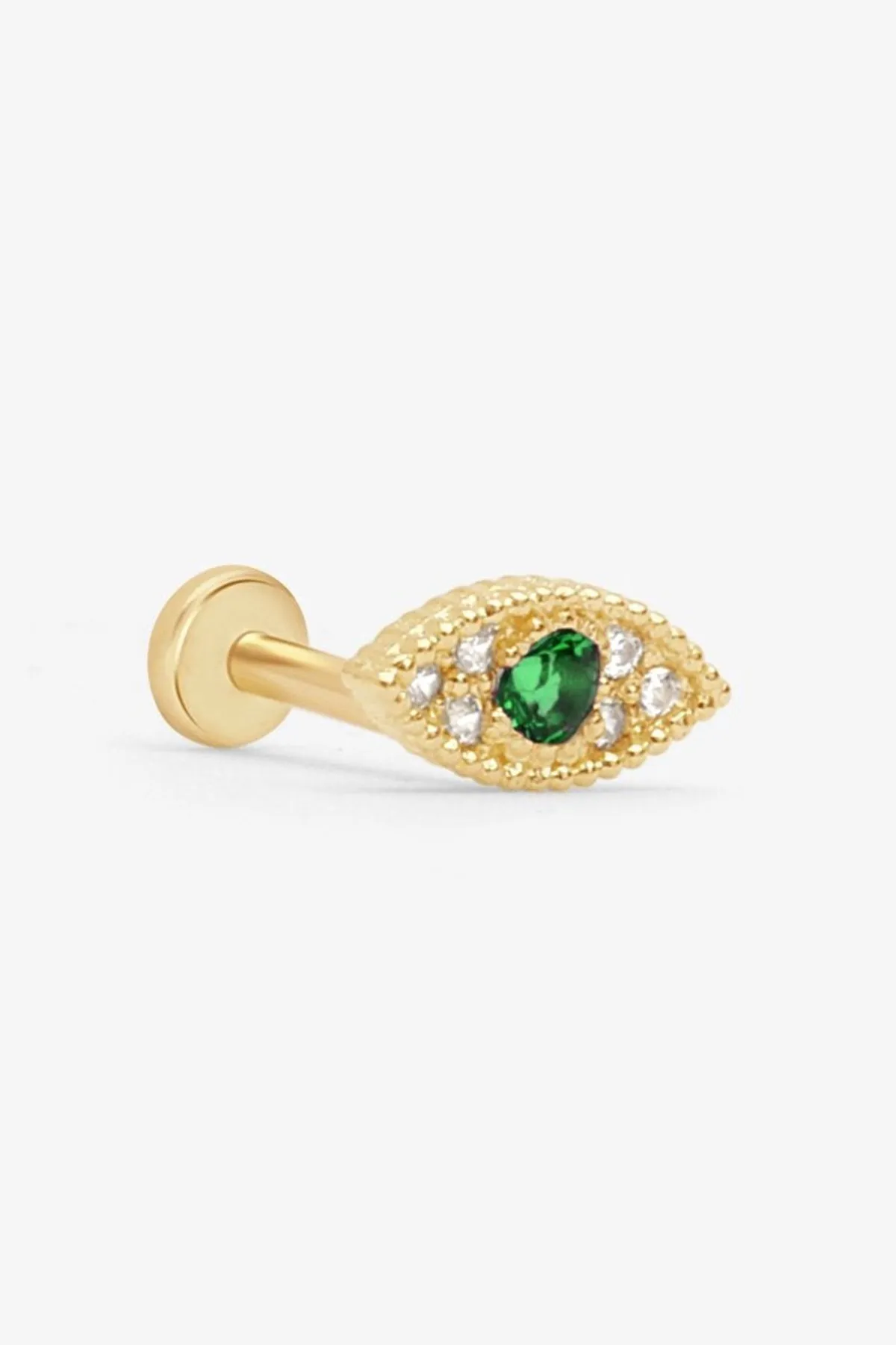 14k Gold Emerald Evil Eye Tragus Helix Internally Threaded Flat Back Earring Labret Stud