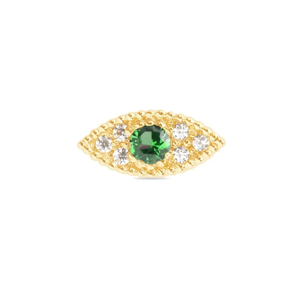 14k Gold Emerald Evil Eye Tragus Helix Internally Threaded Flat Back Earring Labret Stud