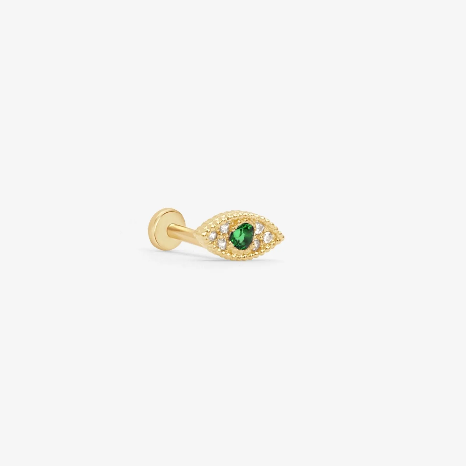 14k Gold Emerald Evil Eye Tragus Helix Internally Threaded Flat Back Earring Labret Stud