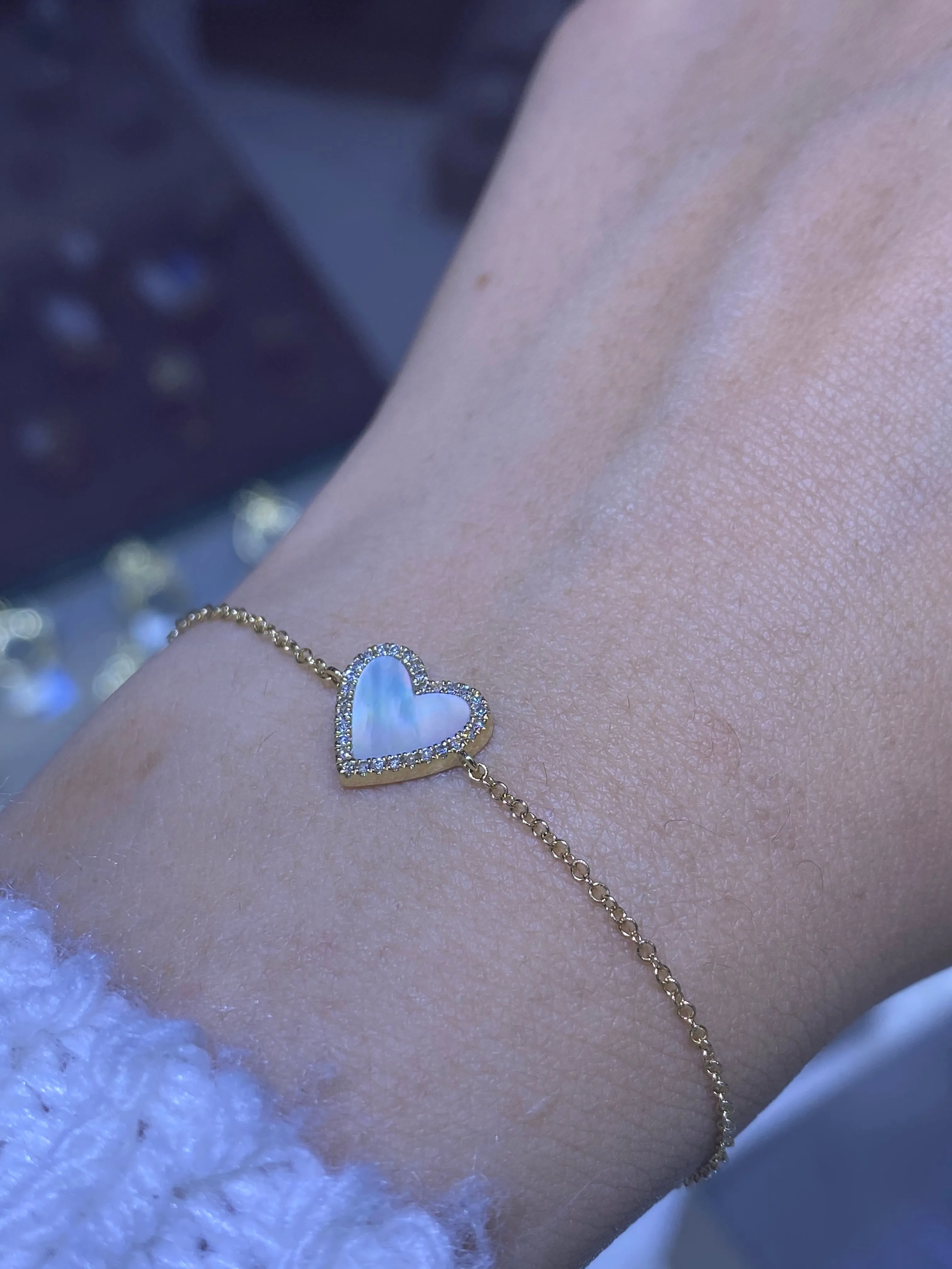 14K Gold Heart Mother of Pearl Diamond Bracelet