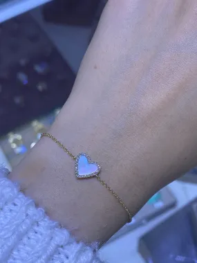 14K Gold Heart Mother of Pearl Diamond Bracelet