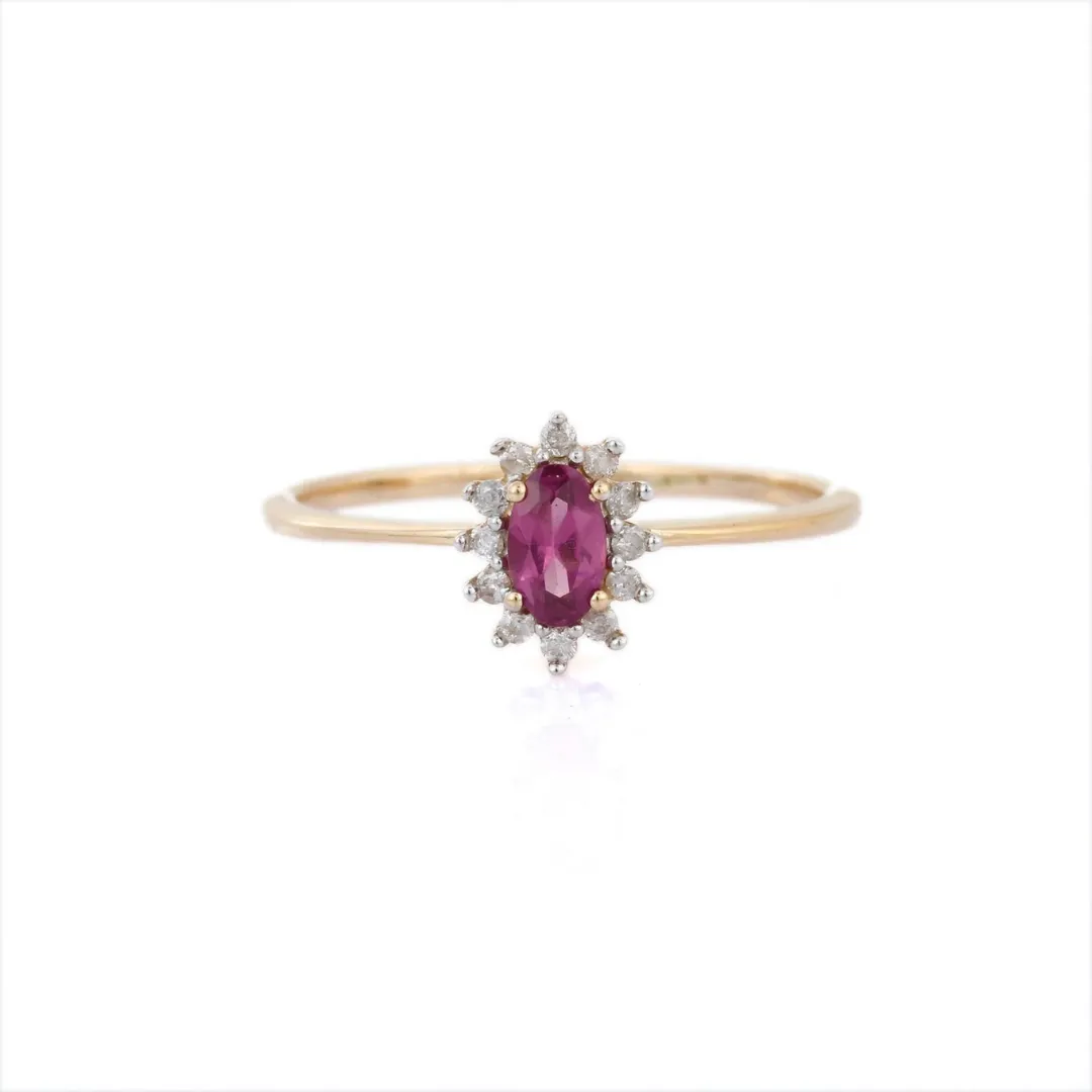 14K Gold Rhodolite Halo Diamond Ring