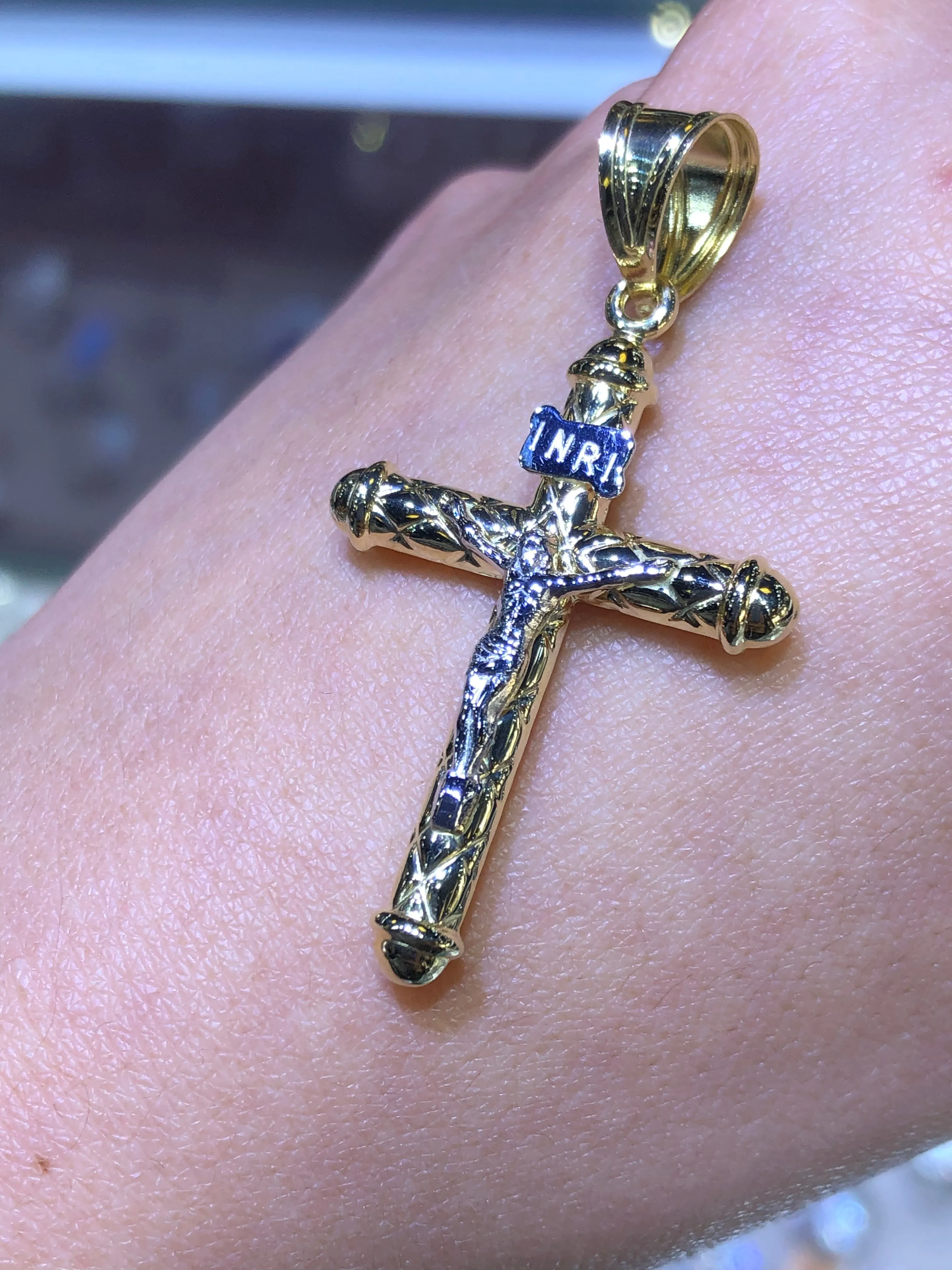 14K Gold Two-Tone Pillar Quilted Crucifix Pendant