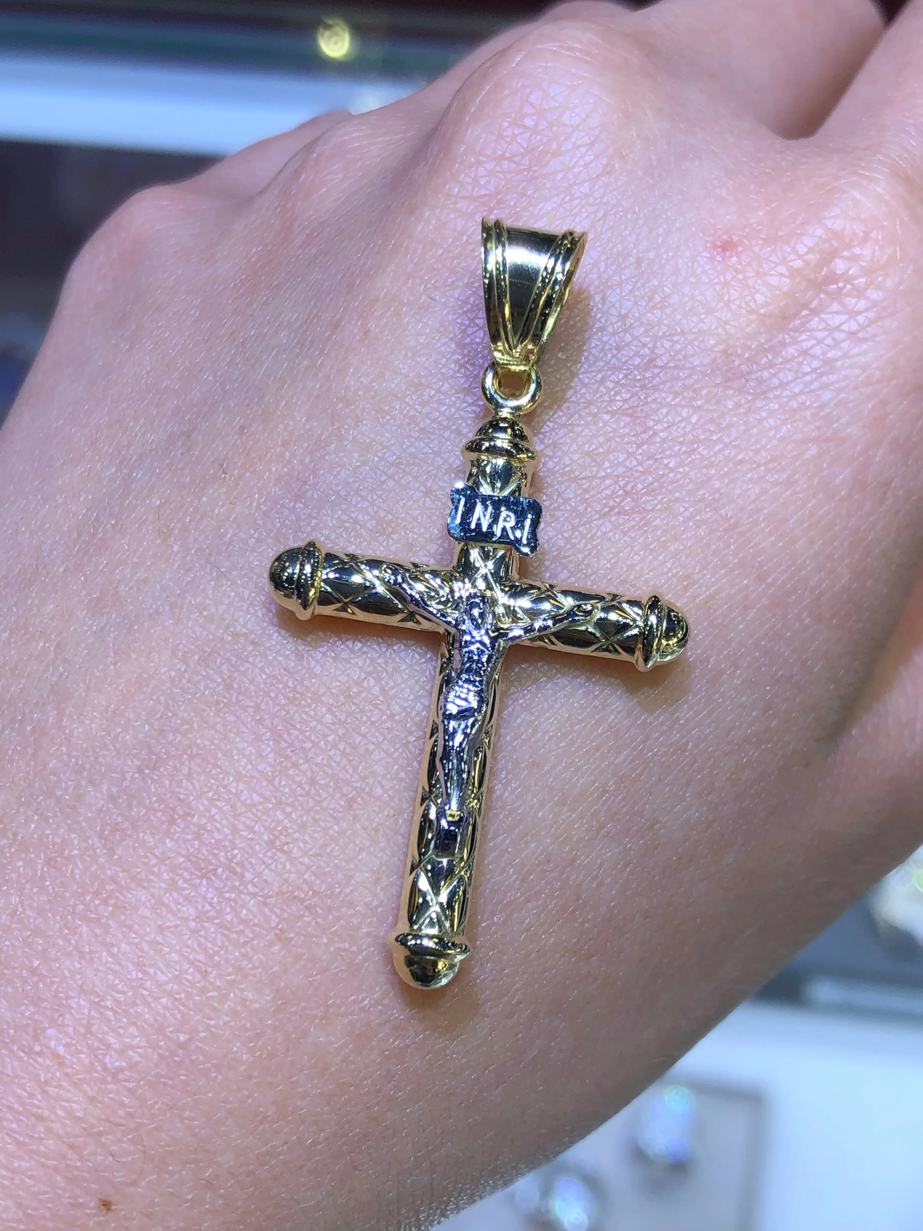 14K Gold Two-Tone Pillar Quilted Crucifix Pendant