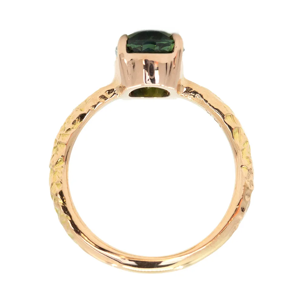 3.07ct Oval Green Parti Sapphire Low Profile 4 Prong Solitaire in 14k Rose Gold