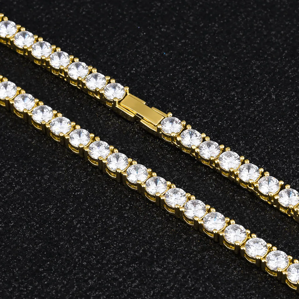 3mm 14K Gold CZ Diamond Mens Tennis Chain Necklace KRKC