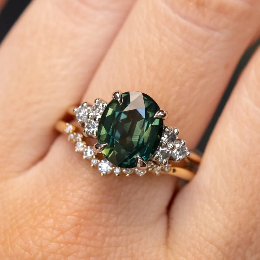 4.68ct Untreated Deep Teal Green Nigerian Oval Sapphire and Diamond Cluster Ring in Two Tone Platinum and 14k Yellow Gold