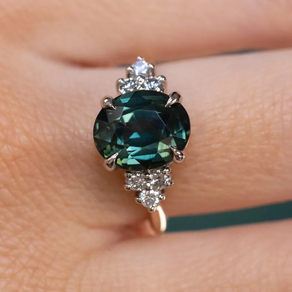 4.68ct Untreated Deep Teal Green Nigerian Oval Sapphire and Diamond Cluster Ring in Two Tone Platinum and 14k Yellow Gold