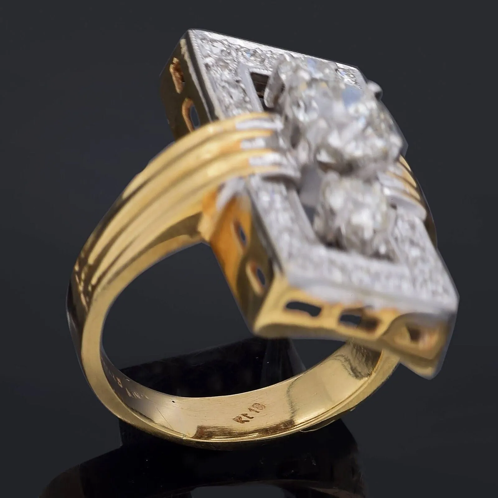 Antique Art Deco 18K Yellow Gold 2.13 TCW Diamond Cocktail Ring Size 4.75