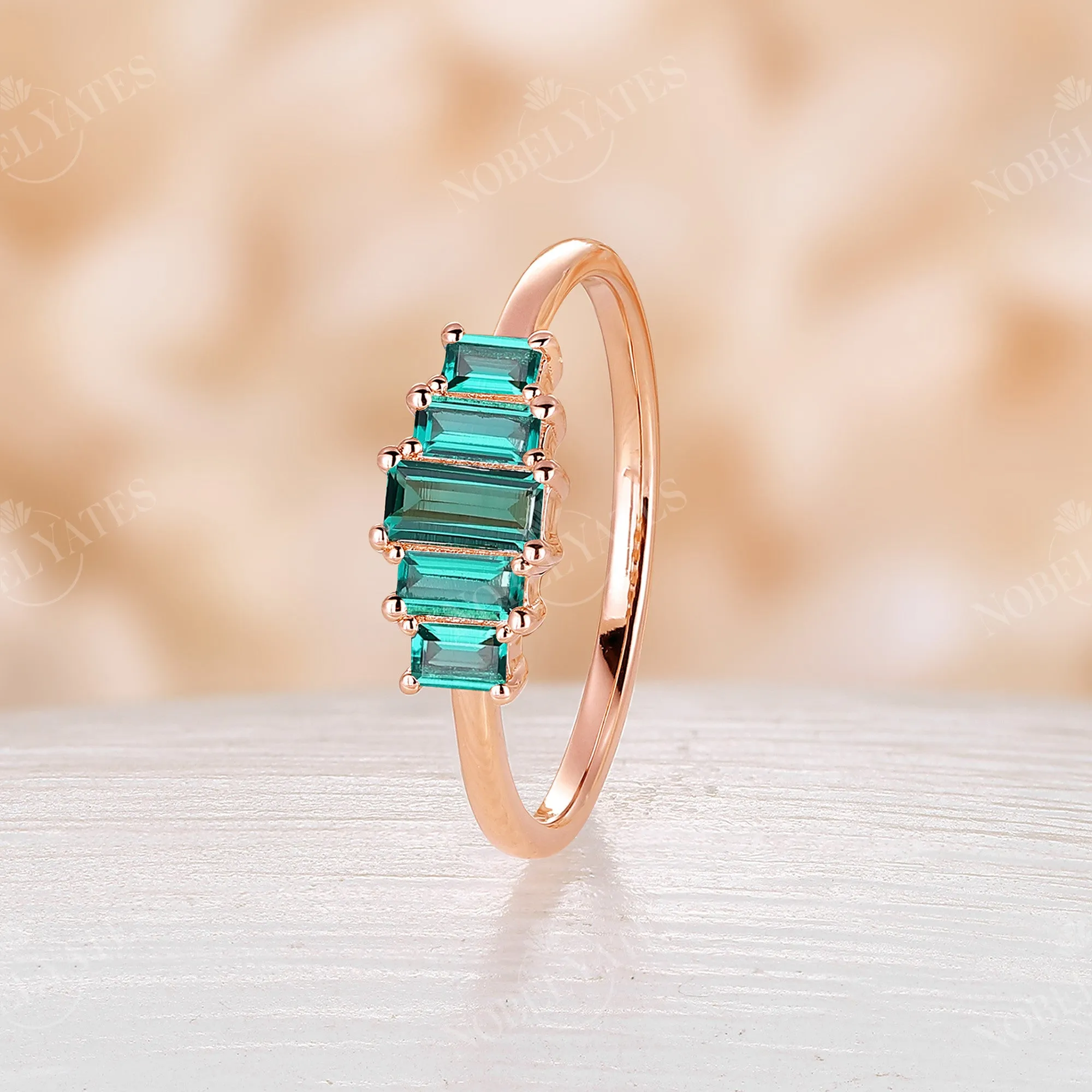 Art Deco Baguette Lab Emerald Rose Gold Five Stone Wedding Band