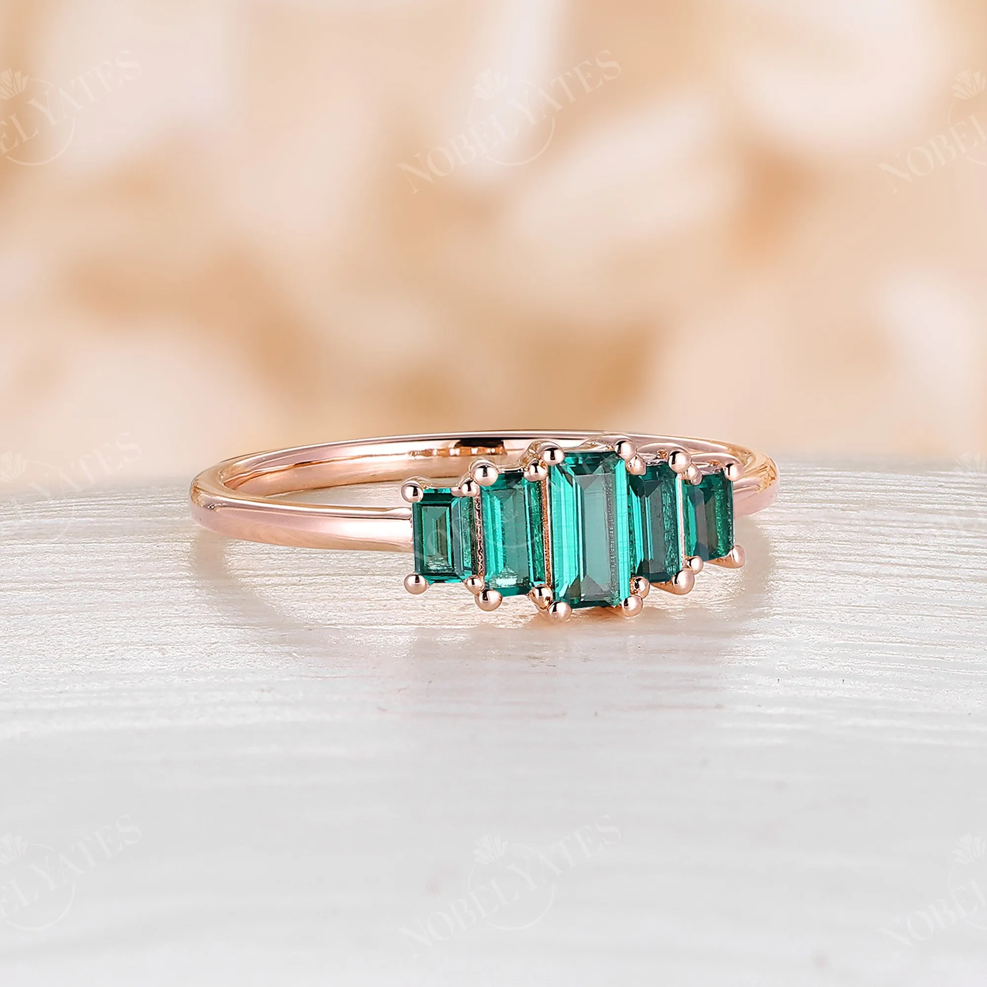 Art Deco Baguette Lab Emerald Rose Gold Five Stone Wedding Band