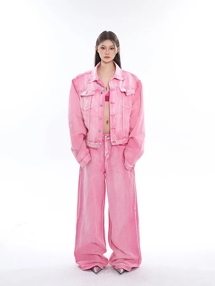 Barbie Pink Denim Bleach Washed Dye Long Sleeve Button Up Jean Jacket   Low Waist Straight Leg Jeans Pants Matching Set