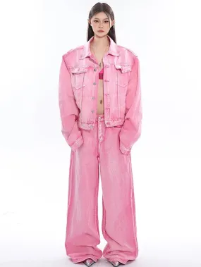 Barbie Pink Denim Bleach Washed Dye Long Sleeve Button Up Jean Jacket   Low Waist Straight Leg Jeans Pants Matching Set