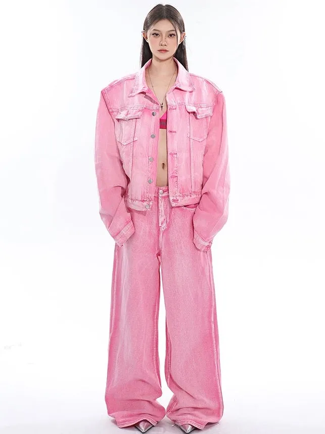 Barbie Pink Denim Bleach Washed Dye Long Sleeve Button Up Jean Jacket   Low Waist Straight Leg Jeans Pants Matching Set