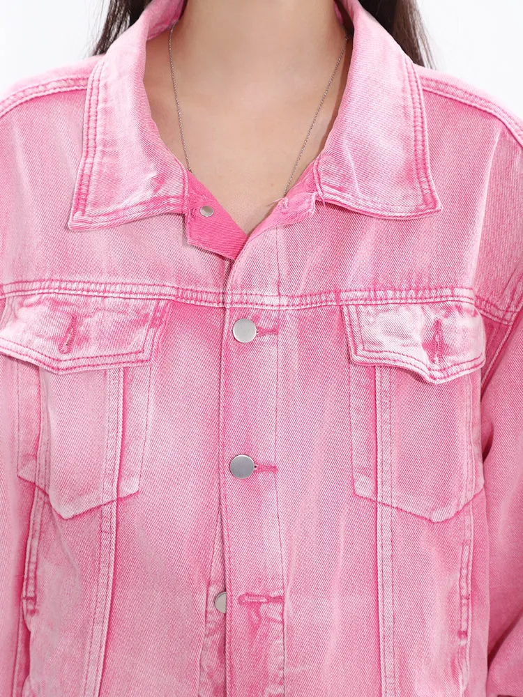 Barbie Pink Denim Bleach Washed Dye Long Sleeve Button Up Jean Jacket   Low Waist Straight Leg Jeans Pants Matching Set