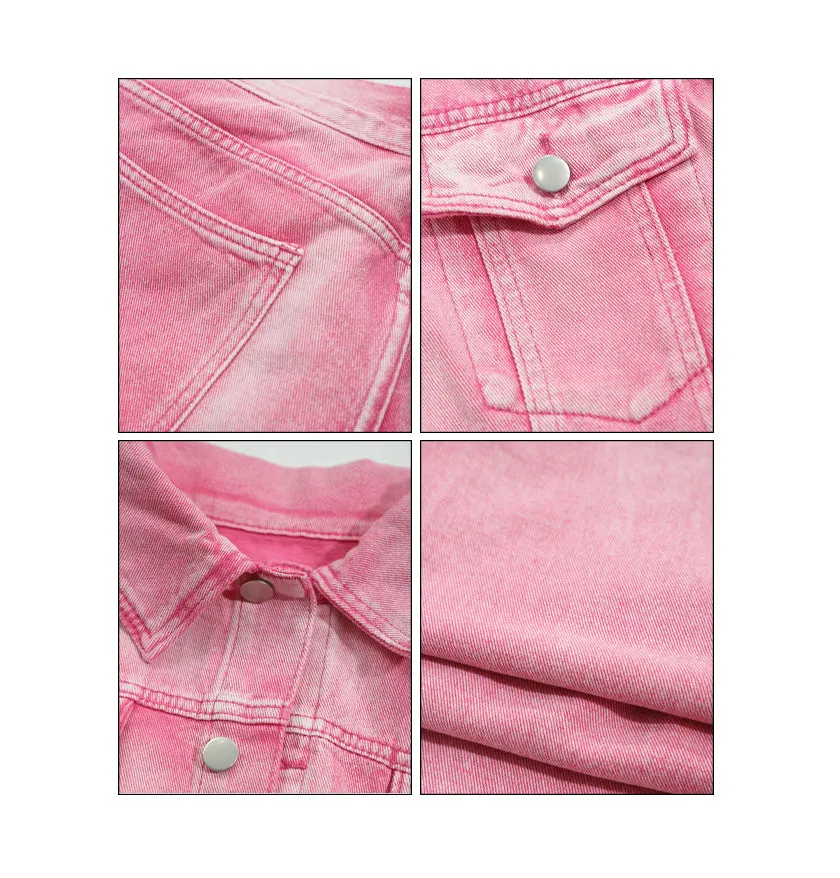 Barbie Pink Denim Bleach Washed Dye Long Sleeve Button Up Jean Jacket   Low Waist Straight Leg Jeans Pants Matching Set