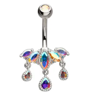 Beaded Chaplet Dangle Teardrop Rainbow Aurora CZ Belly Button Ring