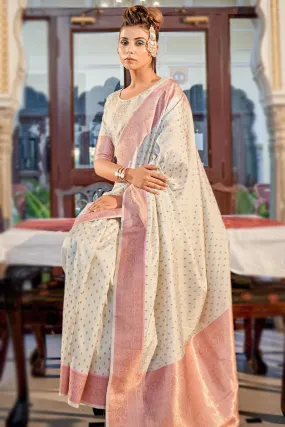 Beautiful Off White Banarasi Silk Broad Border Woven Zari Saree For Women