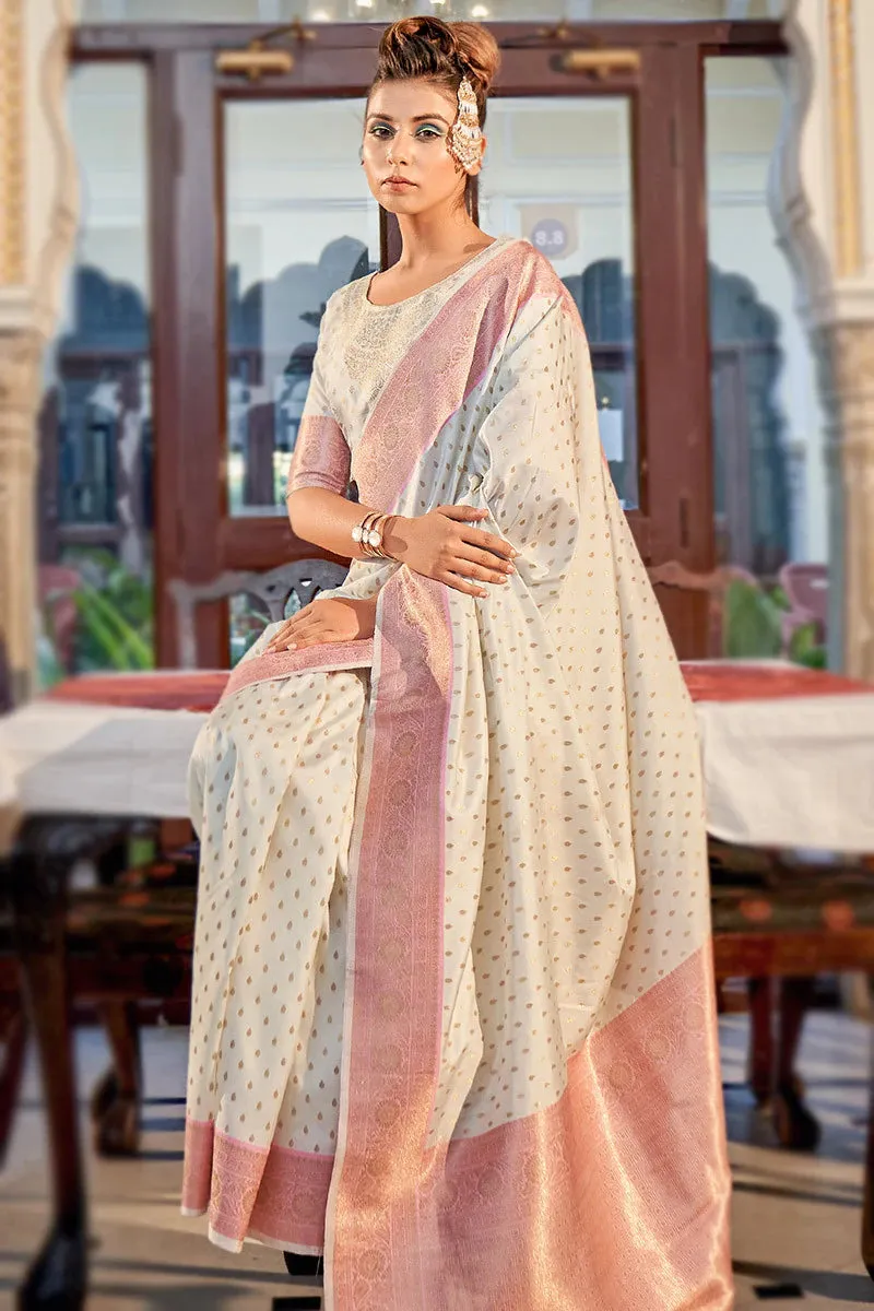 Beautiful Off White Banarasi Silk Broad Border Woven Zari Saree For Women