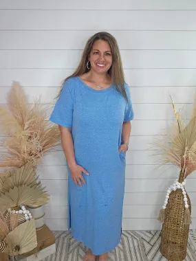 BLUE SCOOP NECK T SHIRT DRESS