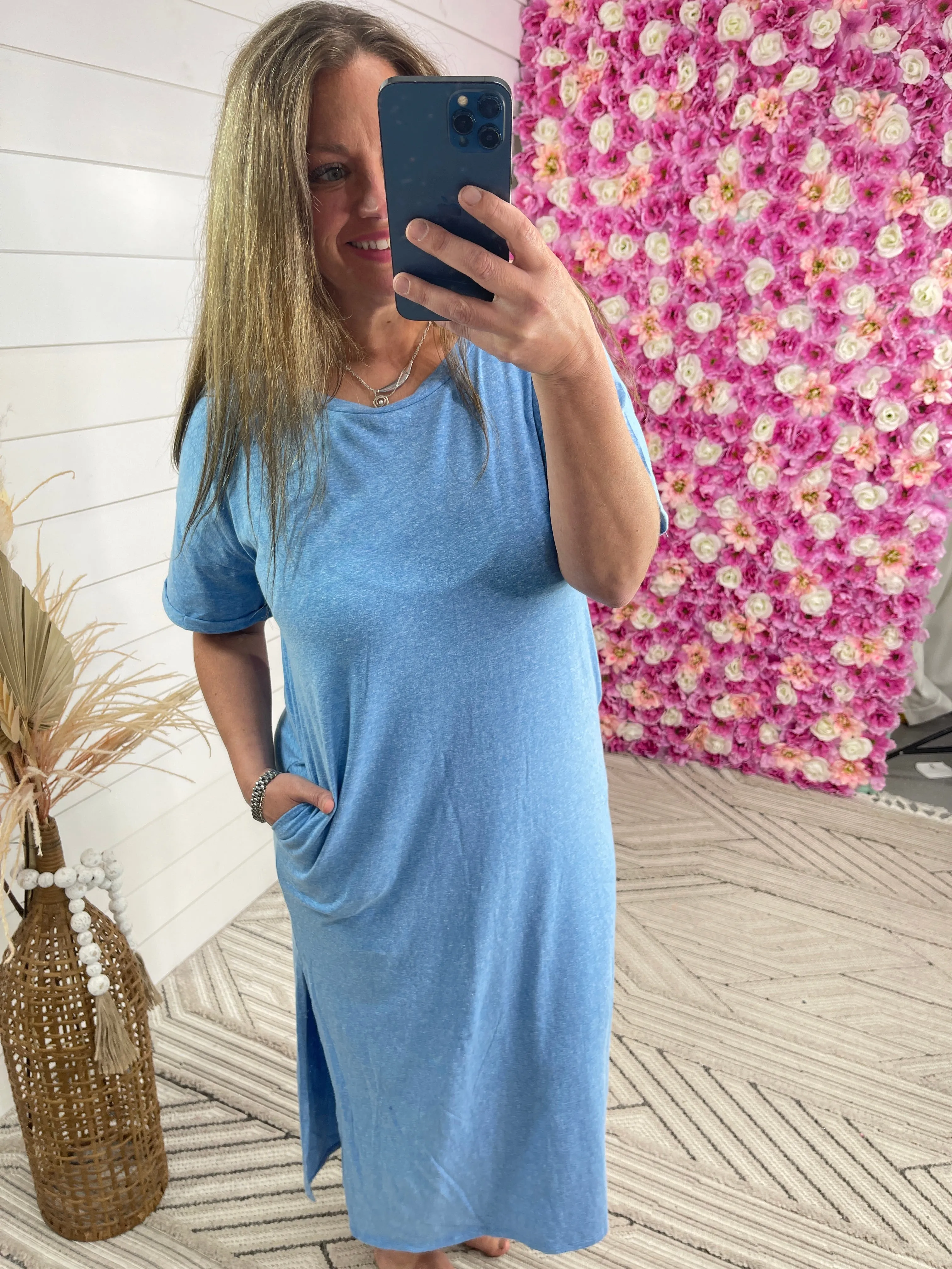 BLUE SCOOP NECK T SHIRT DRESS