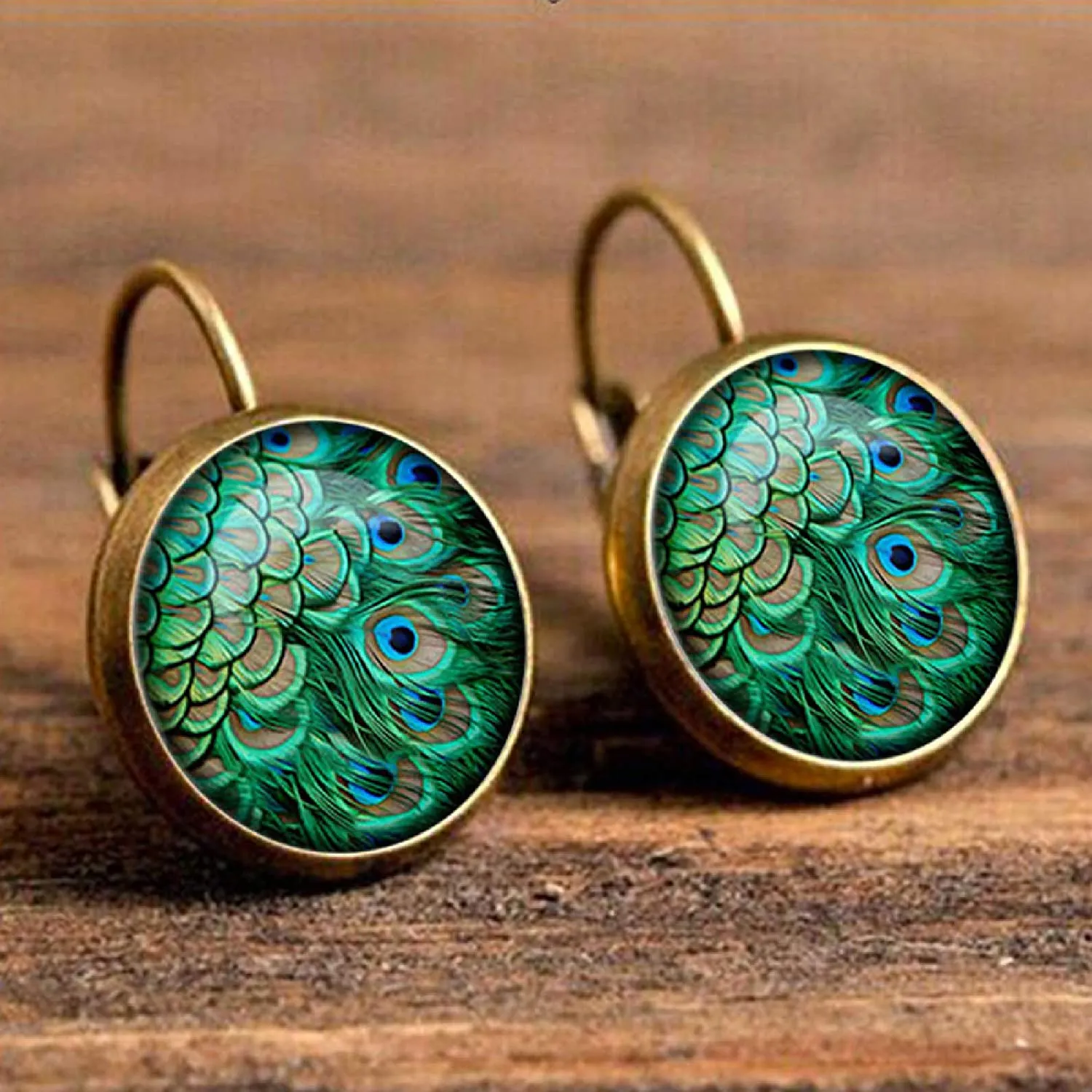 Bohemian Vintage Peacock Feathers Pattern Bronze Time Gem Cabochon Dangle Earrings