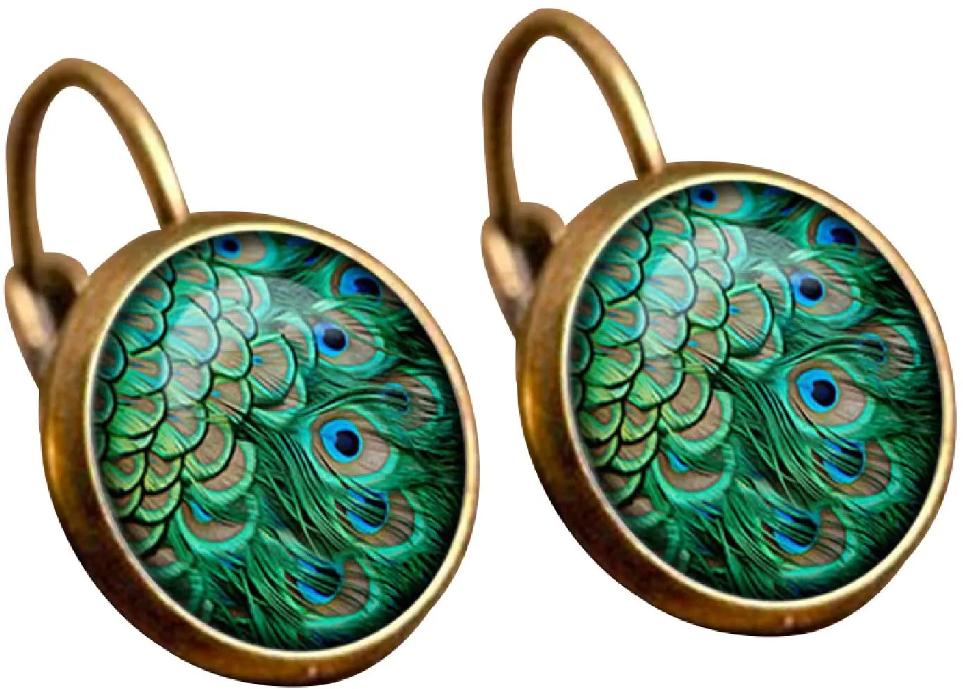 Bohemian Vintage Peacock Feathers Pattern Bronze Time Gem Cabochon Dangle Earrings