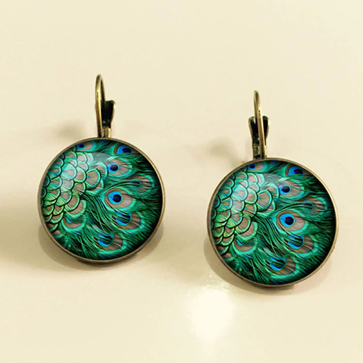 Bohemian Vintage Peacock Feathers Pattern Bronze Time Gem Cabochon Dangle Earrings