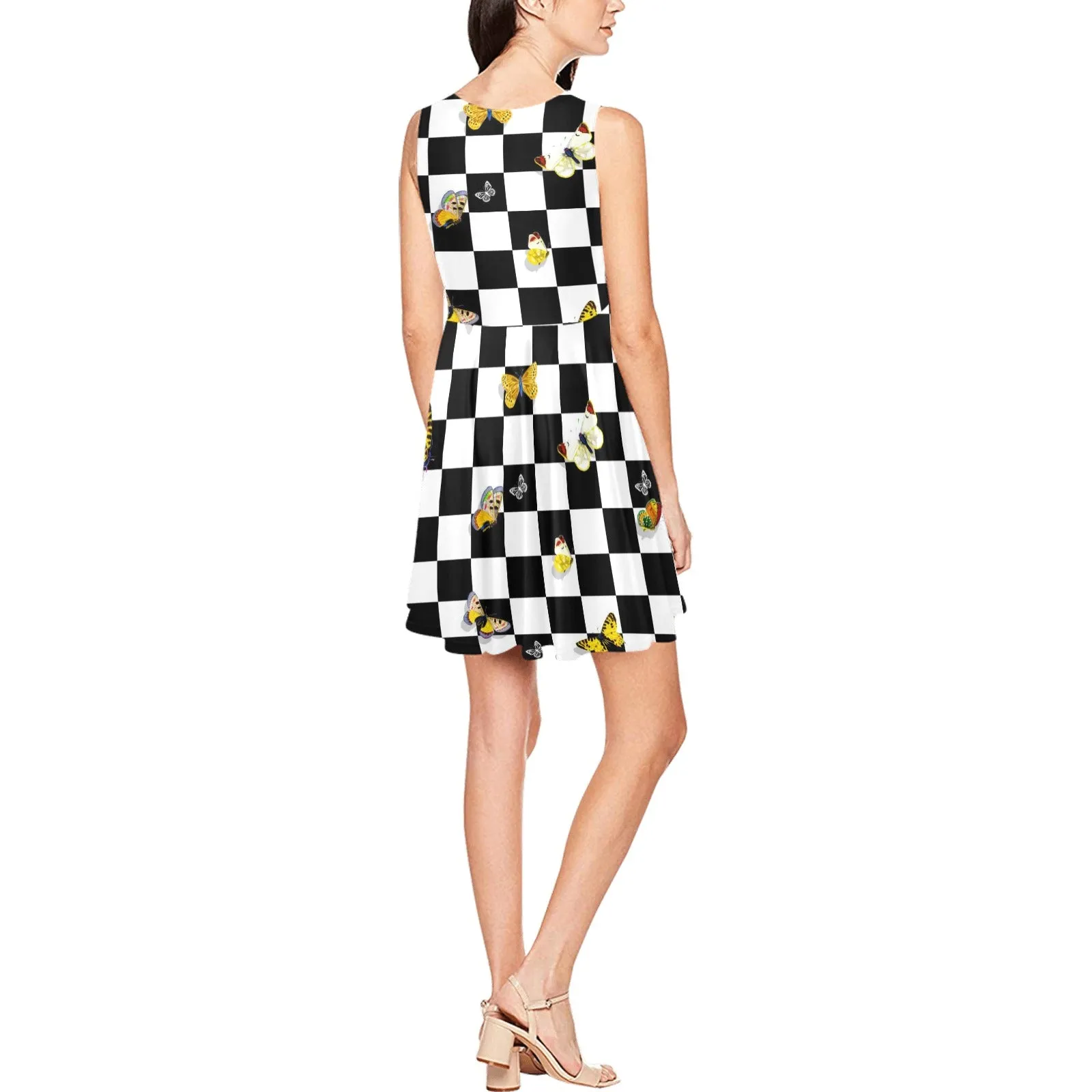 butterfly checker bw print Thea Sleeveless Skater Dress(Model D19)