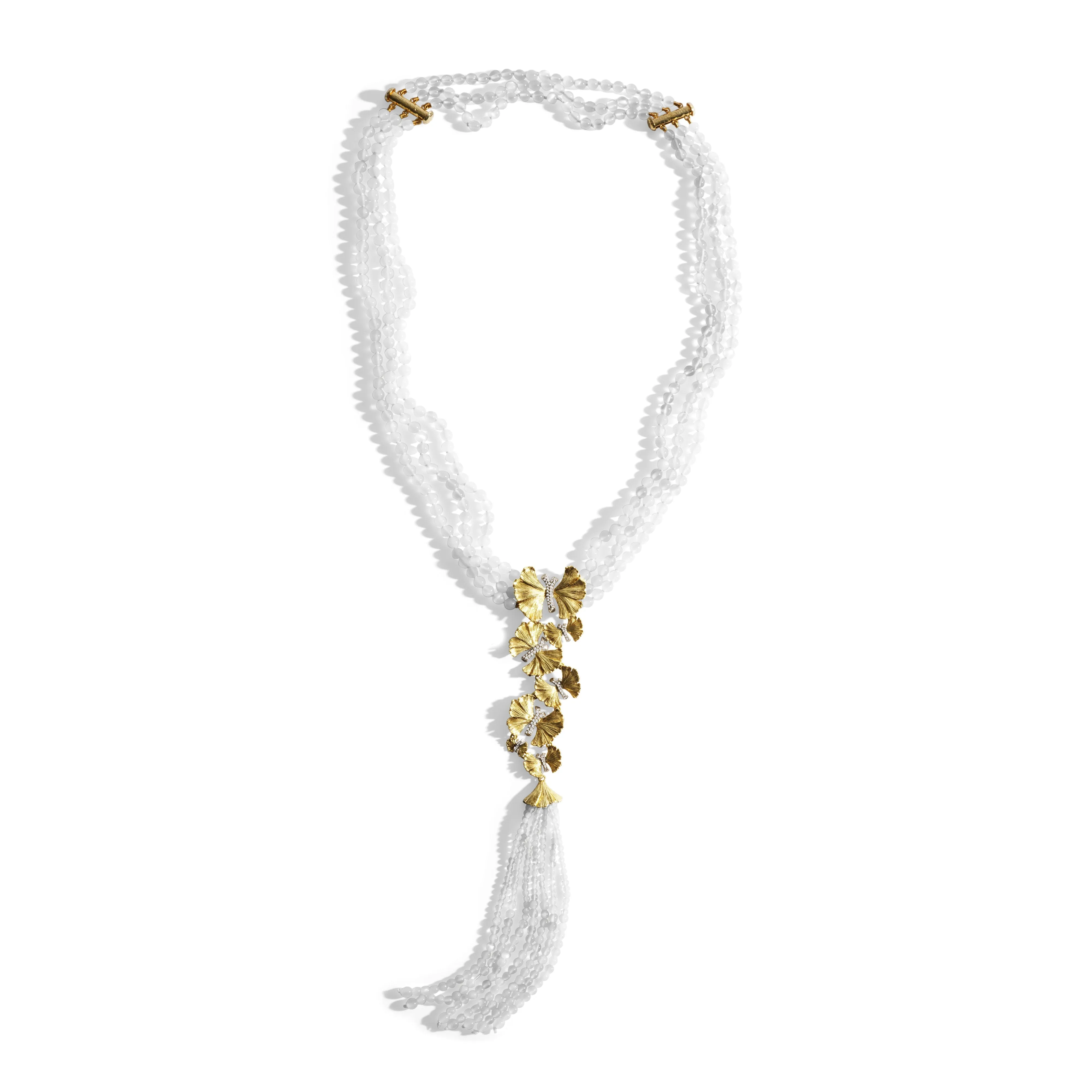 Butterfly Ginkgo Tassel Necklace with Moonstone and Diamonds