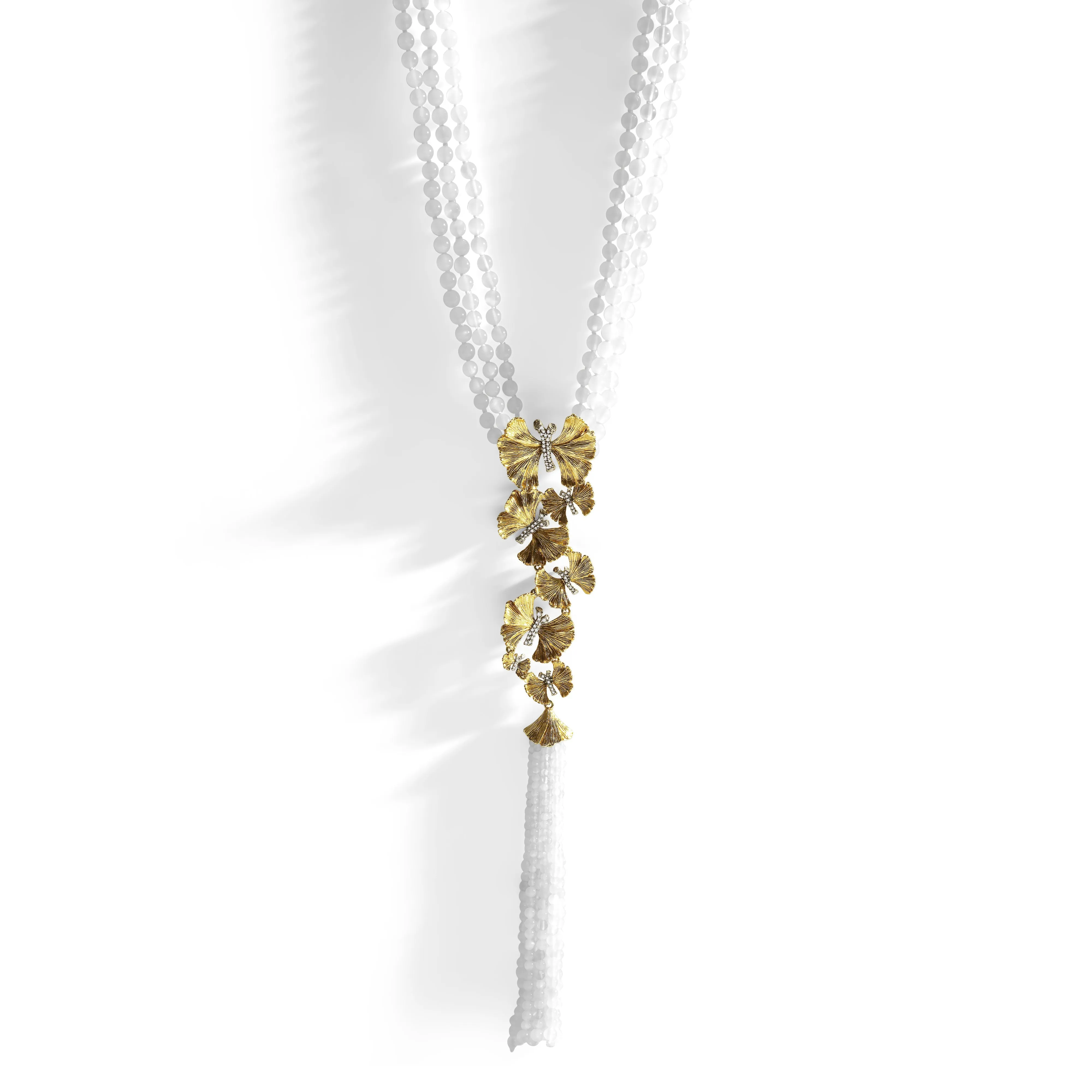 Butterfly Ginkgo Tassel Necklace with Moonstone and Diamonds