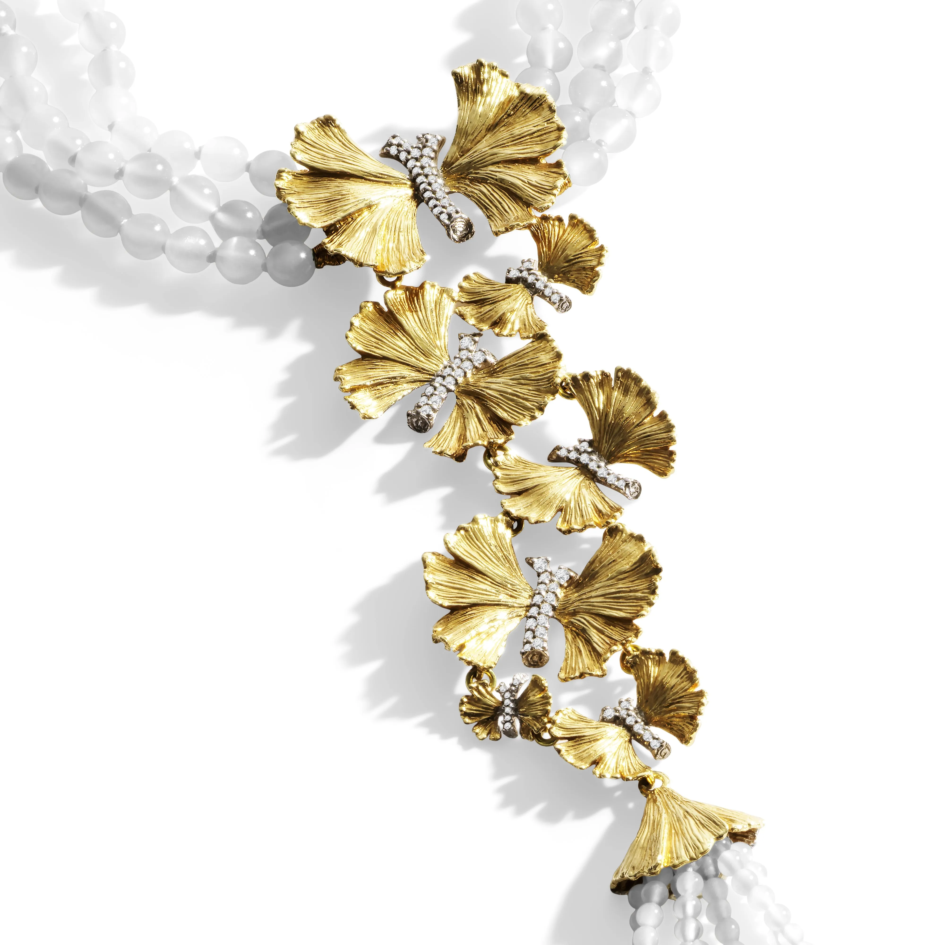 Butterfly Ginkgo Tassel Necklace with Moonstone and Diamonds