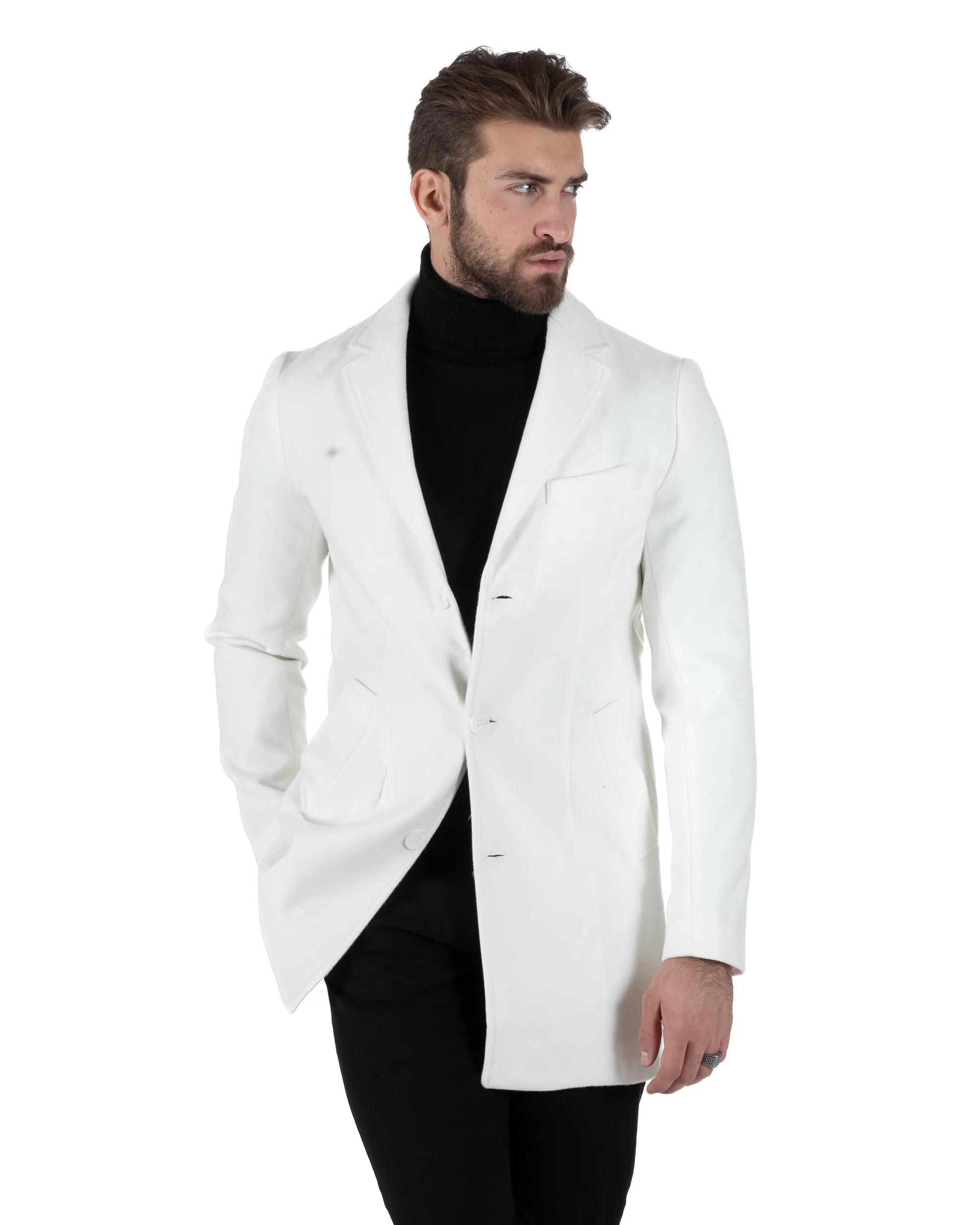 Cappotto Monopetto Uomo Giacca Colletto Reverse Giaccone Tinta Unita Panna Bianco Baronetto Elegante GIOSAL-CO1004A