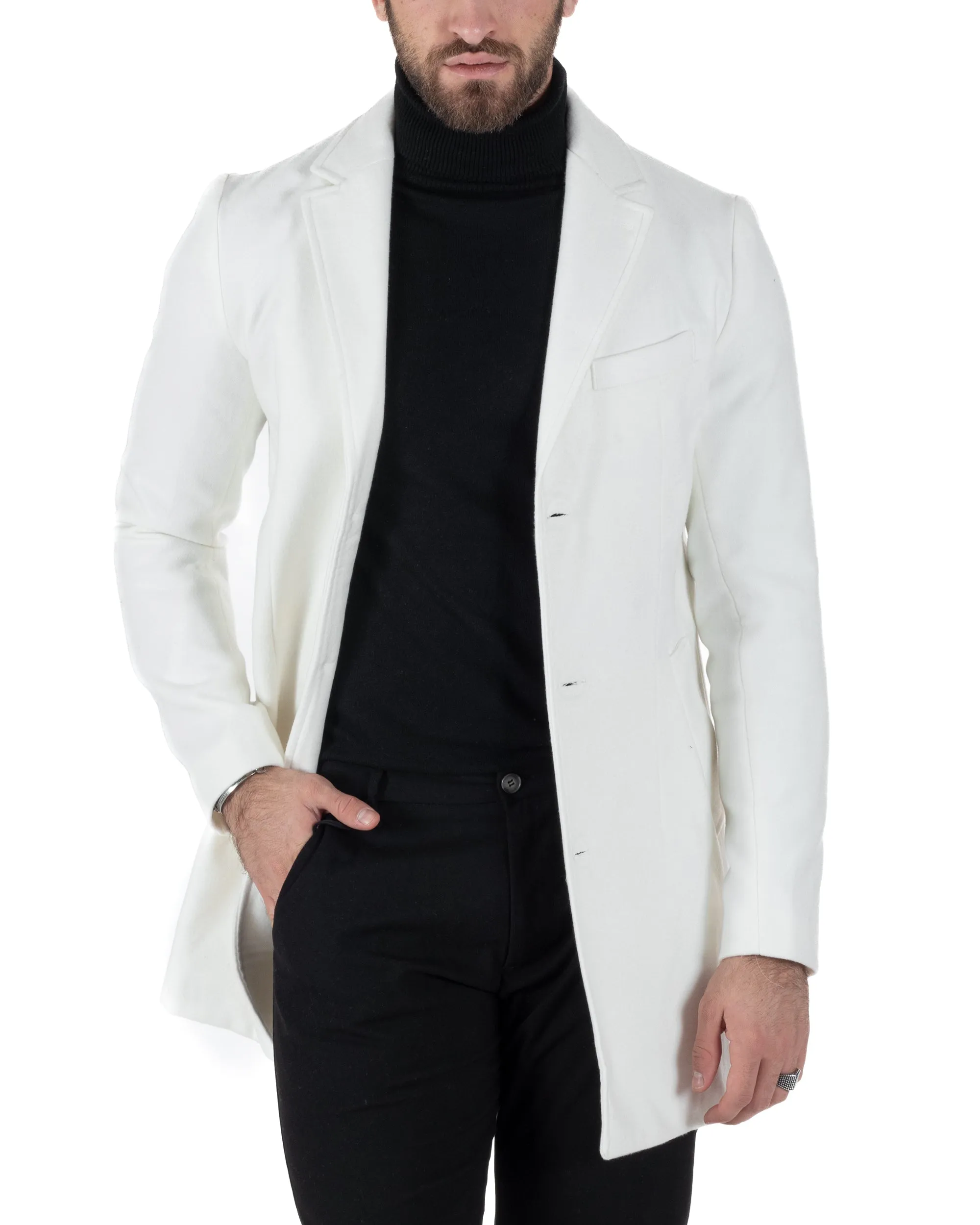 Cappotto Monopetto Uomo Giacca Colletto Reverse Giaccone Tinta Unita Panna Bianco Baronetto Elegante GIOSAL-CO1004A