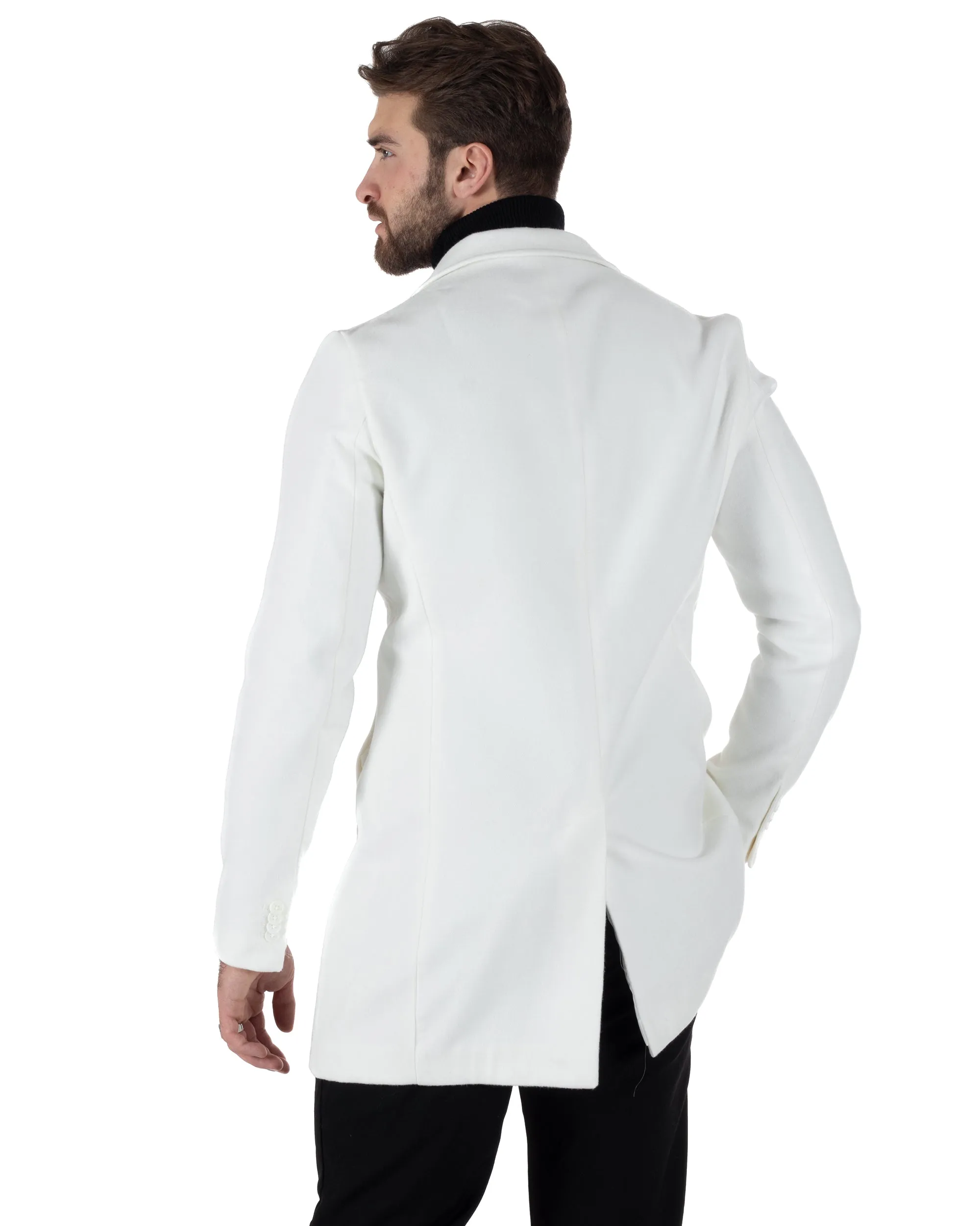 Cappotto Monopetto Uomo Giacca Colletto Reverse Giaccone Tinta Unita Panna Bianco Baronetto Elegante GIOSAL-CO1004A