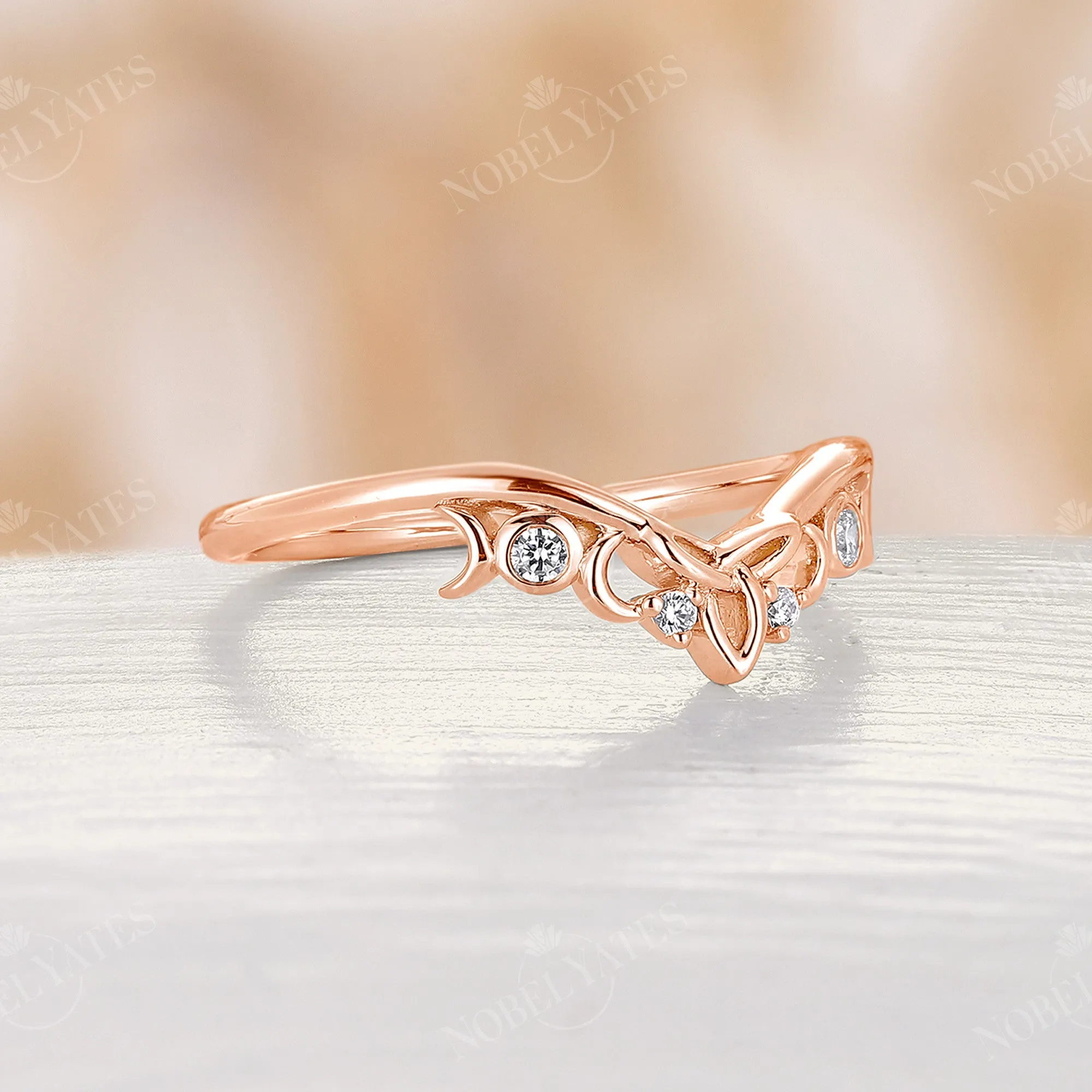 Celtic Style Round Moissanite Curved Wedding Band Rose Gold