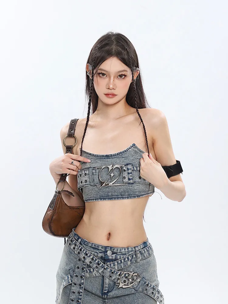 Chrome Denim Heart Belt Bandeau Top   Denim Belt Wrap Mini Skirt   Denim Micro Flare Jeans Pants Matching Set