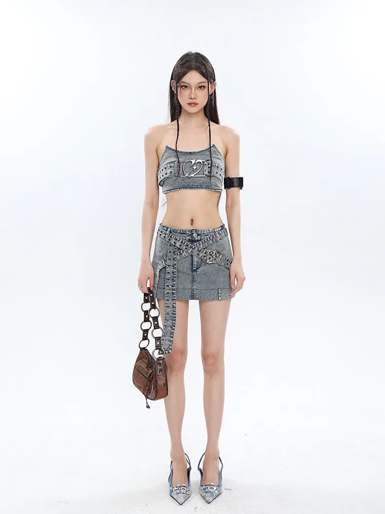 Chrome Denim Heart Belt Bandeau Top   Denim Belt Wrap Mini Skirt   Denim Micro Flare Jeans Pants Matching Set