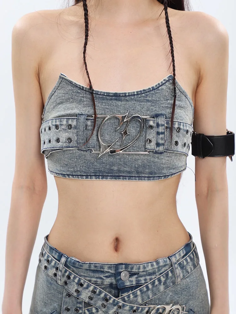 Chrome Denim Heart Belt Bandeau Top   Denim Belt Wrap Mini Skirt   Denim Micro Flare Jeans Pants Matching Set