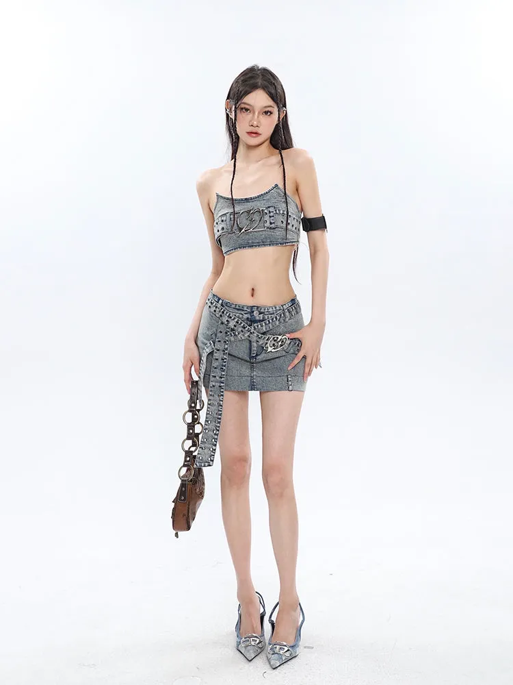 Chrome Denim Heart Belt Bandeau Top   Denim Belt Wrap Mini Skirt   Denim Micro Flare Jeans Pants Matching Set