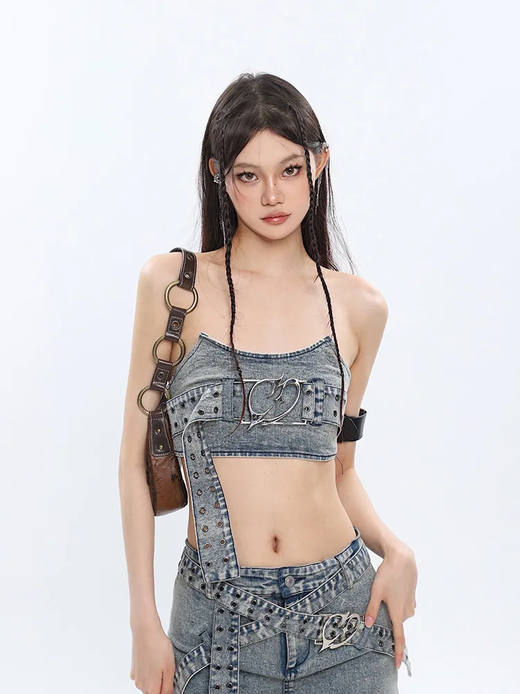 Chrome Denim Heart Belt Bandeau Top   Denim Belt Wrap Mini Skirt   Denim Micro Flare Jeans Pants Matching Set