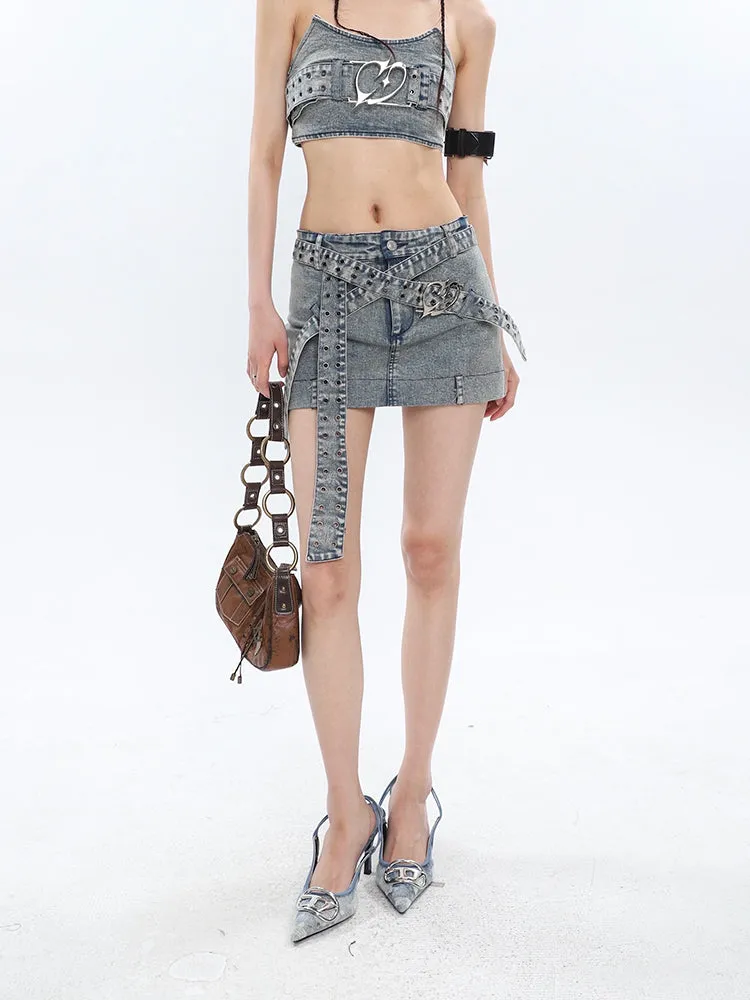 Chrome Denim Heart Belt Bandeau Top   Denim Belt Wrap Mini Skirt   Denim Micro Flare Jeans Pants Matching Set