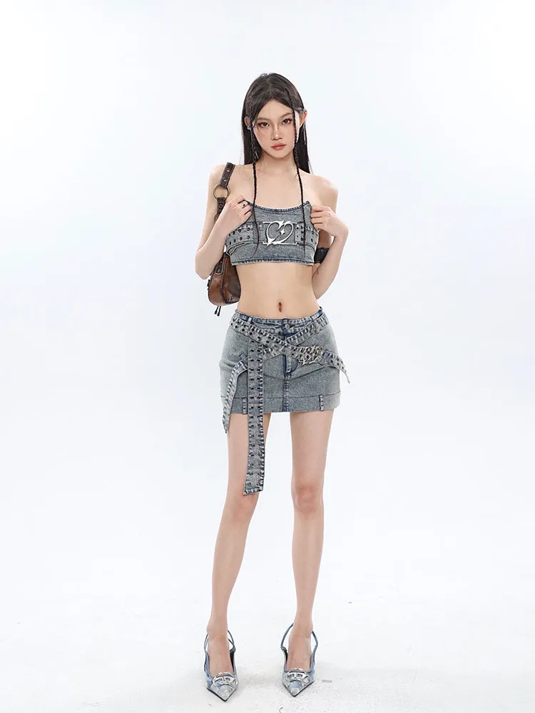 Chrome Denim Heart Belt Bandeau Top   Denim Belt Wrap Mini Skirt   Denim Micro Flare Jeans Pants Matching Set