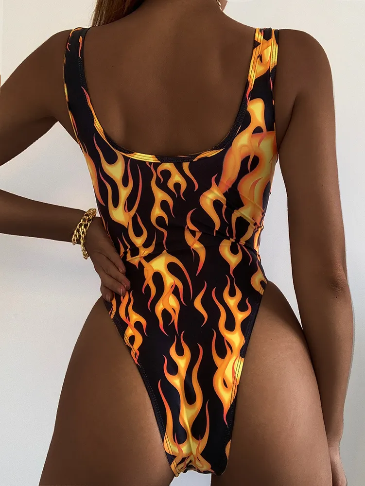 Fire Print Vintage Bandage One Piece Swimsuit