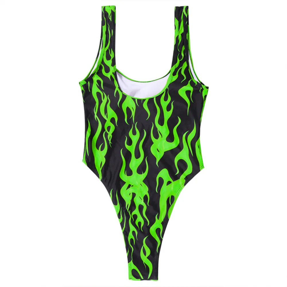 Fire Print Vintage Bandage One Piece Swimsuit